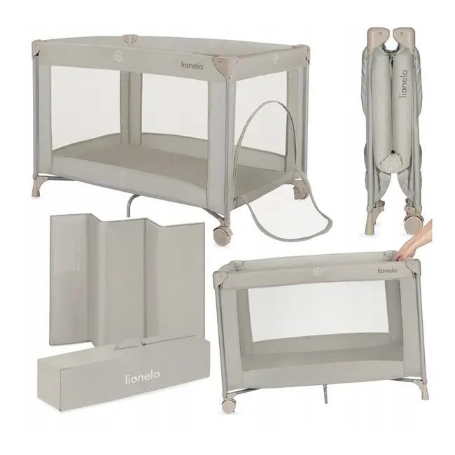 Patut pliant, Lionelo, Amelie, Cu intrare laterala, 100.5&times;70.5 cm, Include salteluta, roti, geanta pentru transport, Constructie usoara- 7 kg, Cadru stabil din otel, Bej BYNLO-AMELIE_BEIGE_SAND