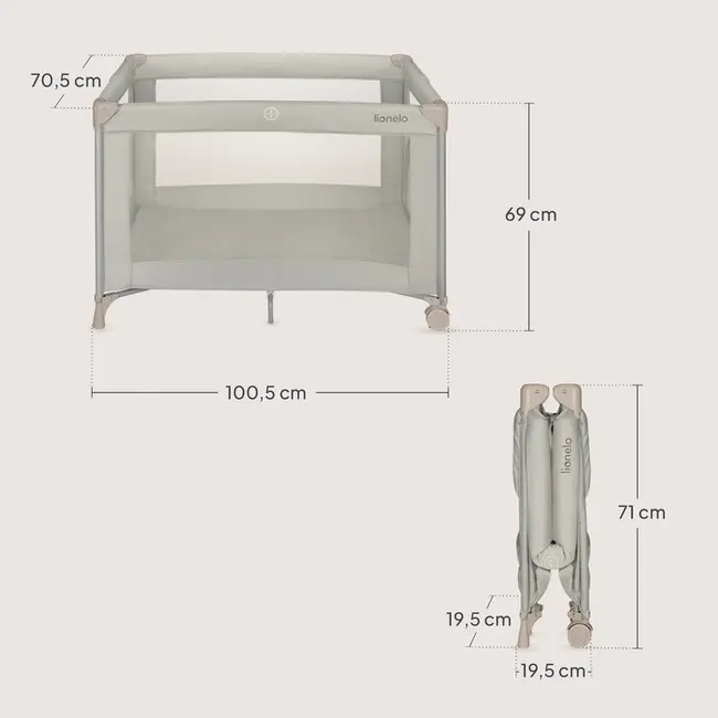 Patut pliant, Lionelo, Amelie, Cu intrare laterala, 100.5&times;70.5 cm, Include salteluta, roti, geanta pentru transport, Constructie usoara- 7 kg, Cadru stabil din otel, Bej BYNLO-AMELIE_BEIGE_SAND