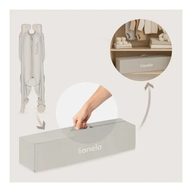 Patut pliant, Lionelo, Amelie, Cu intrare laterala, 100.5&times;70.5 cm, Include salteluta, roti, geanta pentru transport, Constructie usoara- 7 kg, Cadru stabil din otel, Bej BYNLO-AMELIE_BEIGE_SAND