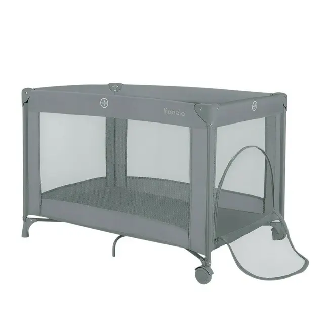 Patut pliant, Lionelo, Amelie, Cu intrare laterala, 100.5&times;70.5 cm, Include salteluta, roti, geanta pentru transport, Constructie usoara- 7 kg, Cadru stabil din otel, Gri BYNLO-AMELIE_GREY_CONCRETE