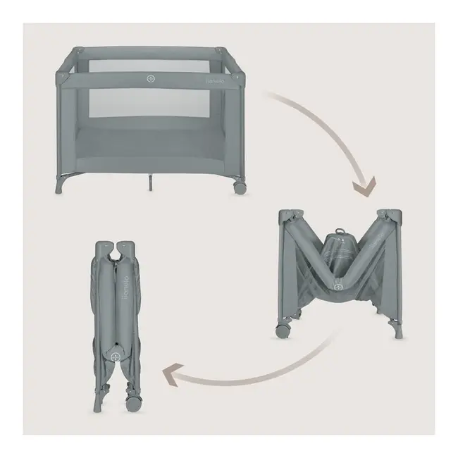 Patut pliant, Lionelo, Amelie, Cu intrare laterala, 100.5&times;70.5 cm, Include salteluta, roti, geanta pentru transport, Constructie usoara- 7 kg, Cadru stabil din otel, Gri BYNLO-AMELIE_GREY_CONCRETE