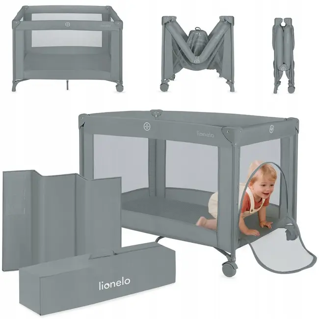Patut pliant, Lionelo, Amelie, Cu intrare laterala, 100.5&times;70.5 cm, Include salteluta, roti, geanta pentru transport, Constructie usoara- 7 kg, Cadru stabil din otel, Gri BYNLO-AMELIE_GREY_CONCRETE