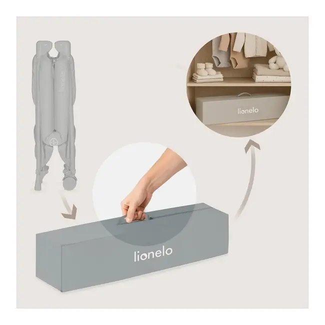 Patut pliant, Lionelo, Amelie, Cu intrare laterala, 100.5&times;70.5 cm, Include salteluta, roti, geanta pentru transport, Constructie usoara- 7 kg, Cadru stabil din otel, Gri BYNLO-AMELIE_GREY_CONCRETE