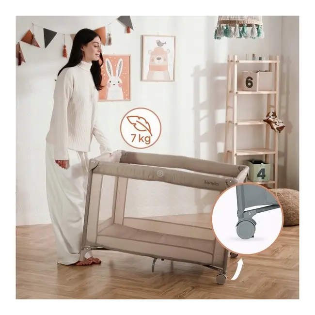 Patut pliant, Lionelo, Amelie, Cu intrare laterala, 100.5&times;70.5 cm, Include salteluta, roti, geanta pentru transport, Constructie usoara- 7 kg, Cadru stabil din otel, Gri BYNLO-AMELIE_GREY_CONCRETE