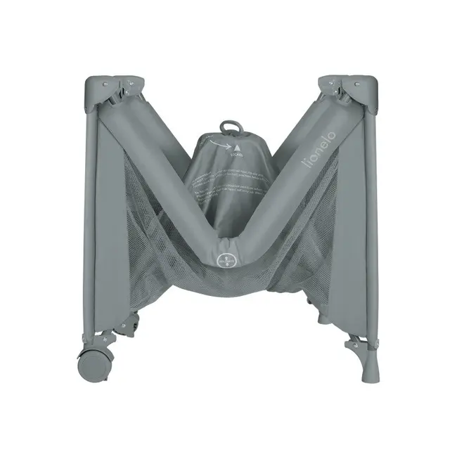 Patut pliant, Lionelo, Amelie, Cu intrare laterala, 100.5&times;70.5 cm, Include salteluta, roti, geanta pentru transport, Constructie usoara- 7 kg, Cadru stabil din otel, Gri BYNLO-AMELIE_GREY_CONCRETE