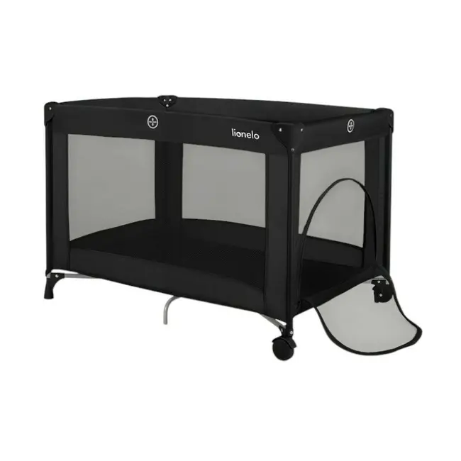 Patut pliant, Lionelo, Amelie, Cu intrare laterala, 100.5&times;70.5 cm, Include salteluta, roti, geanta pentru transport, Constructie usoara- 7 kg, Cadru stabil din otel, Negru BYNLO-AMELIE_BLACK_CARBON