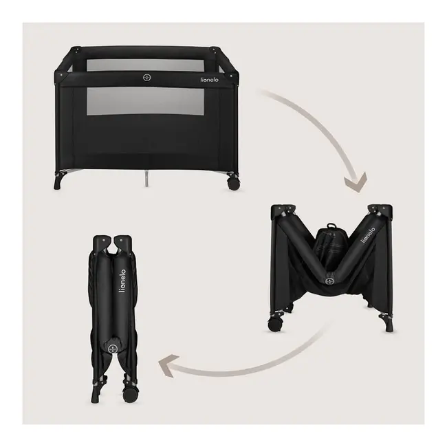 Patut pliant, Lionelo, Amelie, Cu intrare laterala, 100.5&times;70.5 cm, Include salteluta, roti, geanta pentru transport, Constructie usoara- 7 kg, Cadru stabil din otel, Negru BYNLO-AMELIE_BLACK_CARBON