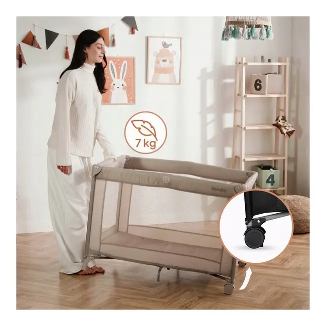 Patut pliant, Lionelo, Amelie, Cu intrare laterala, 100.5&times;70.5 cm, Include salteluta, roti, geanta pentru transport, Constructie usoara- 7 kg, Cadru stabil din otel, Negru BYNLO-AMELIE_BLACK_CARBON