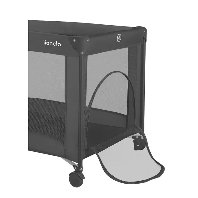 Patut pliant, Lionelo, Amelie, Cu intrare laterala, 100.5&times;70.5 cm, Include salteluta, roti, geanta pentru transport, Constructie usoara- 7 kg, Cadru stabil din otel, Negru BYNLO-AMELIE_BLACK_CARBON