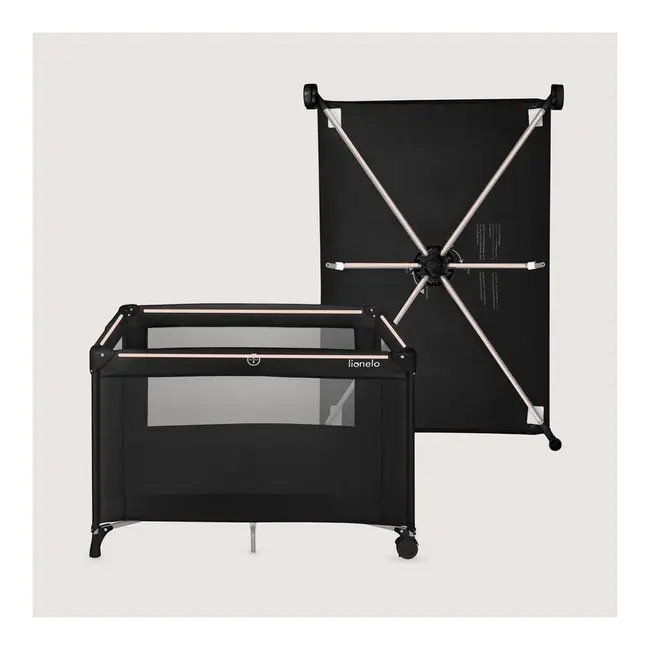 Patut pliant, Lionelo, Amelie, Cu intrare laterala, 100.5&times;70.5 cm, Include salteluta, roti, geanta pentru transport, Constructie usoara- 7 kg, Cadru stabil din otel, Negru BYNLO-AMELIE_BLACK_CARBON