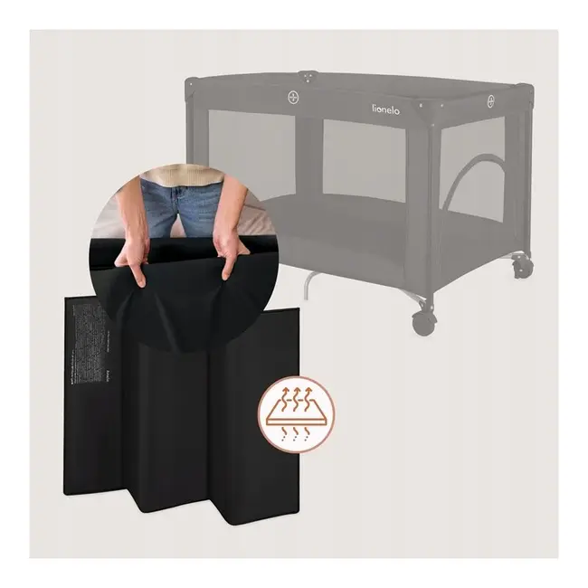 Patut pliant, Lionelo, Amelie, Cu intrare laterala, 100.5&times;70.5 cm, Include salteluta, roti, geanta pentru transport, Constructie usoara- 7 kg, Cadru stabil din otel, Negru BYNLO-AMELIE_BLACK_CARBON