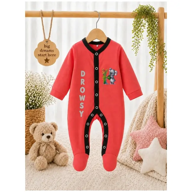 Salopeta corai din bumbac pentru bebelusi cu botosei, koala bp118-3