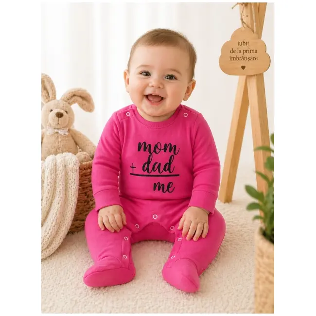 Salopeta din bumbac pentru bebelusi, cu mesaje, roz ciclamen bp10-1