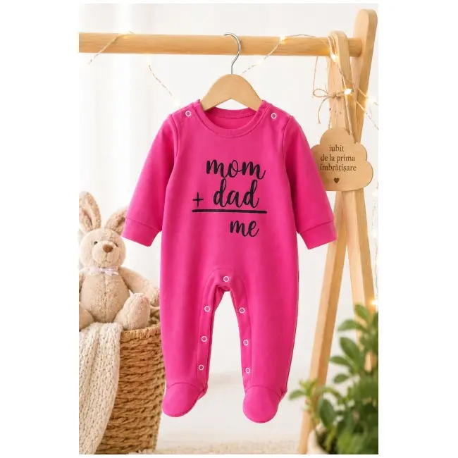 Salopeta din bumbac pentru bebelusi, cu mesaje, roz ciclamen bp10-1