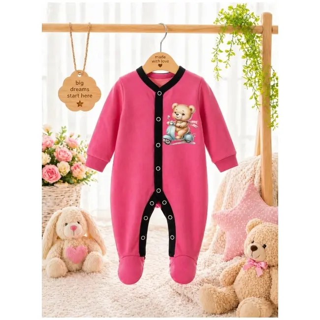 Salopeta din bumbac pentru bebelusi cu botosei, pinky bp116