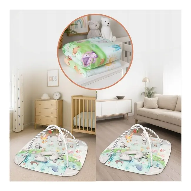 Salteluta interactiva, Lionelo, Anika, 8 jucarii senzoriale, detasabile, fosnaitoare, logopedice, Lavabila la masina, Husa din bambus, 116x112 cm, Multicolor BYNLO-ANIKA_NATURAL