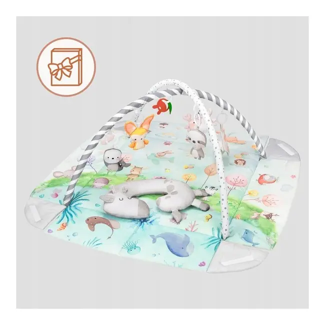 Salteluta interactiva, Lionelo, Anika, 8 jucarii senzoriale, detasabile, fosnaitoare, logopedice, Lavabila la masina, Husa din bambus, 116x112 cm, Multicolor BYNLO-ANIKA_NATURAL