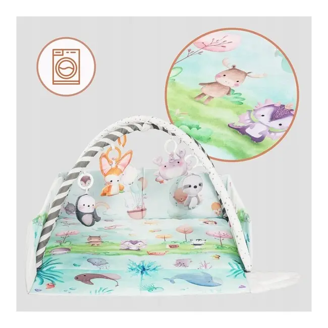 Salteluta interactiva, Lionelo, Anika, 8 jucarii senzoriale, detasabile, fosnaitoare, logopedice, Lavabila la masina, Husa din bambus, 116x112 cm, Multicolor BYNLO-ANIKA_NATURAL