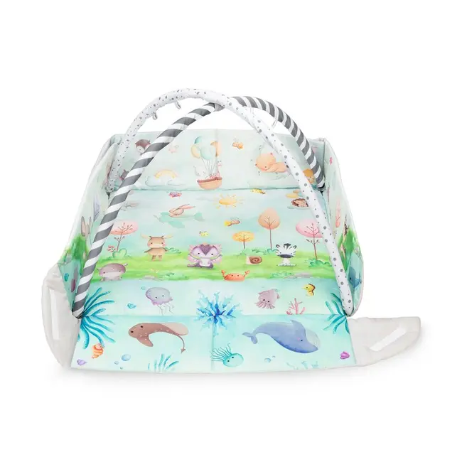 Salteluta interactiva, Lionelo, Anika, 8 jucarii senzoriale, detasabile, fosnaitoare, logopedice, Lavabila la masina, Husa din bambus, 116x112 cm, Multicolor BYNLO-ANIKA_NATURAL