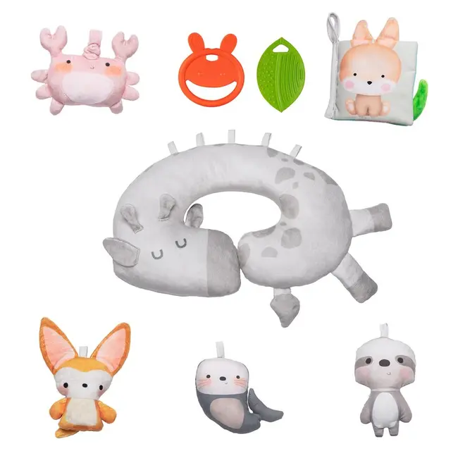 Salteluta interactiva, Lionelo, Anika, 8 jucarii senzoriale, detasabile, fosnaitoare, logopedice, Lavabila la masina, Husa din bambus, 116x112 cm, Multicolor BYNLO-ANIKA_NATURAL