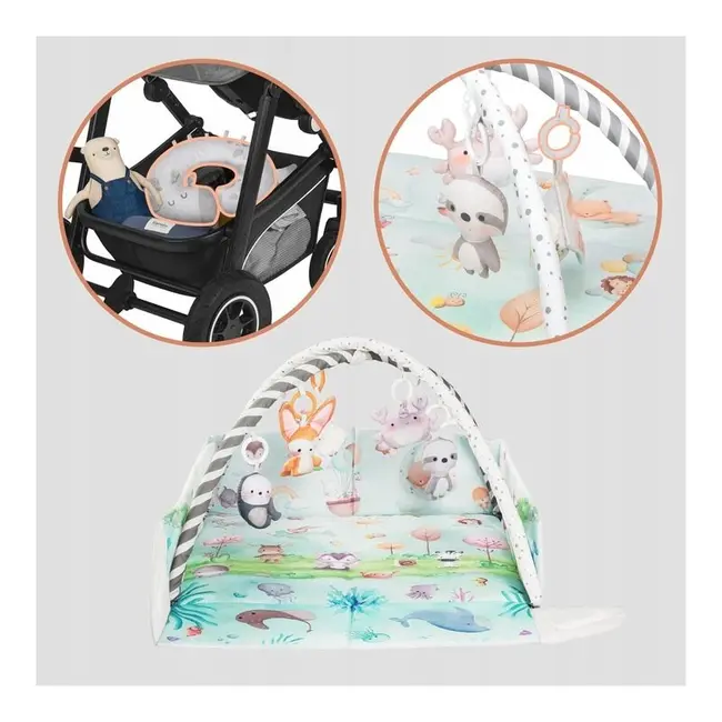 Salteluta interactiva, Lionelo, Anika, 8 jucarii senzoriale, detasabile, fosnaitoare, logopedice, Lavabila la masina, Husa din bambus, 116x112 cm, Multicolor BYNLO-ANIKA_NATURAL