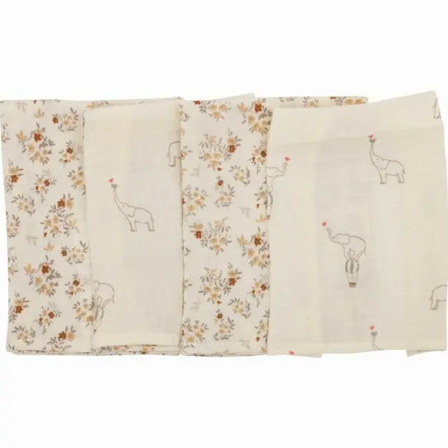 Set 4 lavete, Bubaba, Din muselina, Dimensiune 40x40 cm, Pentru spalarea si ingrijirea fetei si a corpului bebelusului dupa masa sau baita, Beige Elephant BYN87745