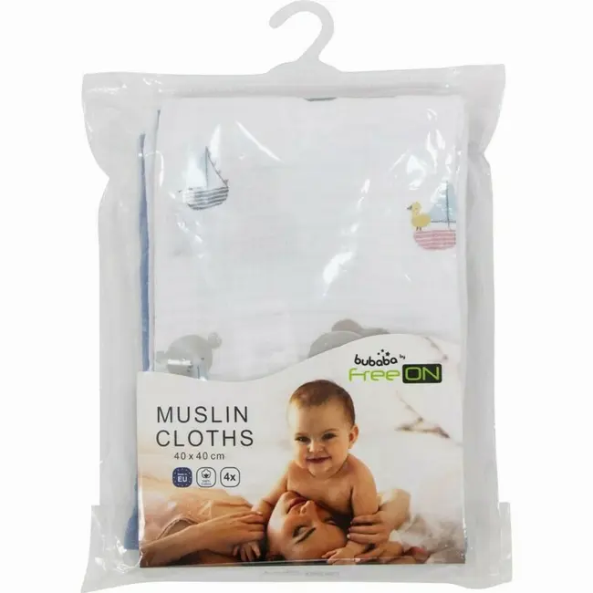 Set 4 lavete, Bubaba, Din muselina, Dimensiune 40x40 cm, Pentru spalarea si ingrijirea fetei si a corpului bebelusului dupa masa sau baita, Blue Ship BYN87752