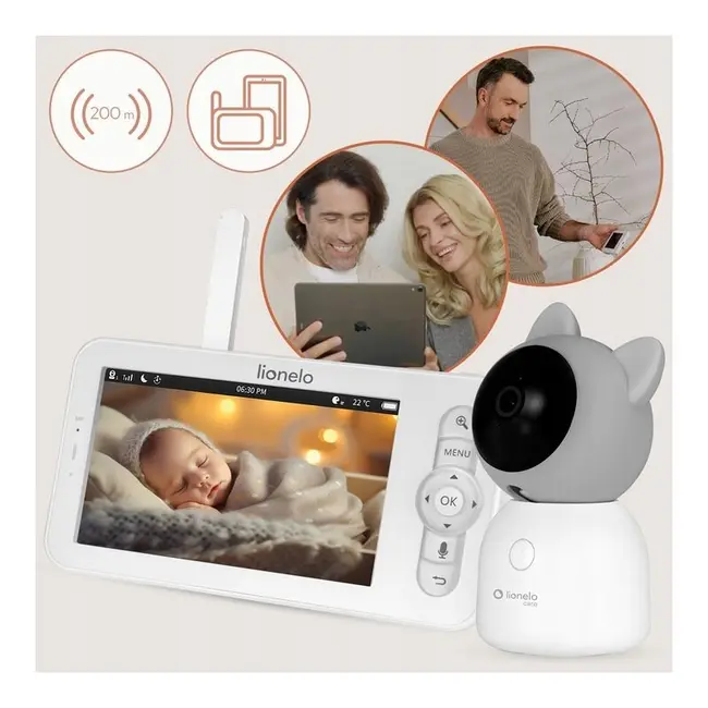 Video monitor, Lionelo, Babyline 9.2. AI, 5 inch, Camera Full HD, Zoom digital 4x, Aplicatie, Tehnologia AI cu detectare a miscarii, Recunoasterea motivului plansului, Melodii, Zgomote albe, Mod nocturn, Alb BYNLOC-BABYLINE_9.2_AI