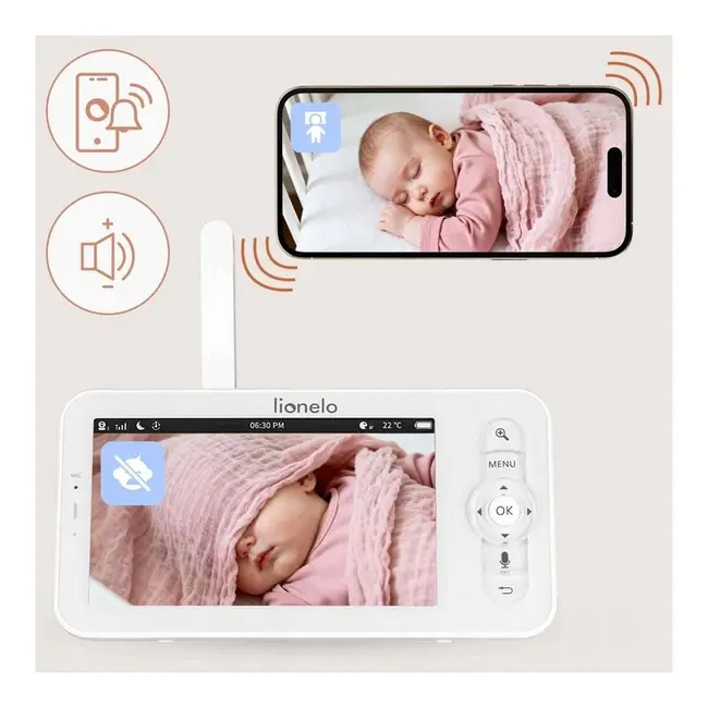 Video monitor, Lionelo, Babyline 9.2. AI, 5 inch, Camera Full HD, Zoom digital 4x, Aplicatie, Tehnologia AI cu detectare a miscarii, Recunoasterea motivului plansului, Melodii, Zgomote albe, Mod nocturn, Alb BYNLOC-BABYLINE_9.2_AI