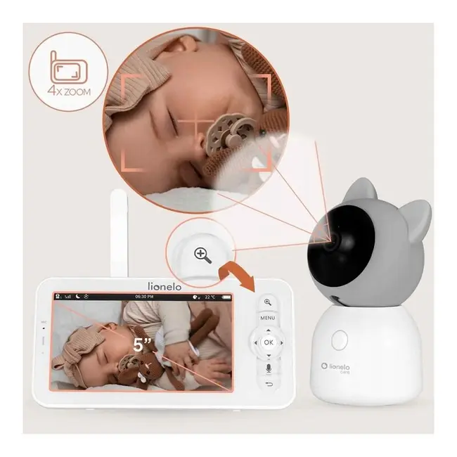 Video monitor, Lionelo, Babyline 9.2. AI, 5 inch, Camera Full HD, Zoom digital 4x, Aplicatie, Tehnologia AI cu detectare a miscarii, Recunoasterea motivului plansului, Melodii, Zgomote albe, Mod nocturn, Alb BYNLOC-BABYLINE_9.2_AI