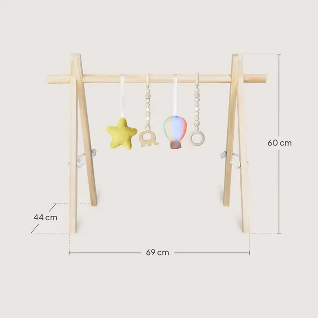 Arcada de activitati Montessori, Lionelo, Anis, Din lemn de pin, Jucarii plus, 4 jucarii suspendate, Stimuleaza simturile, Pliere rapida, 0+ luni, Multicolor BYNLO-ANIS