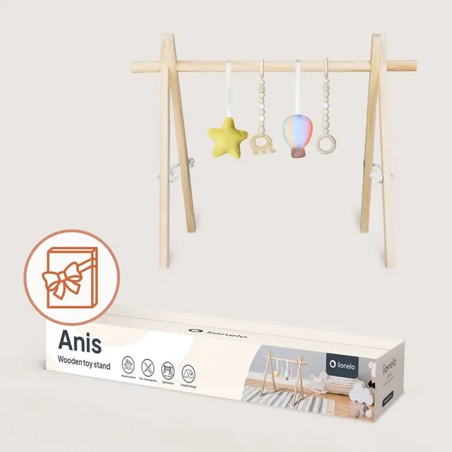 Arcada de activitati Montessori, Lionelo, Anis, Din lemn de pin, Jucarii plus, 4 jucarii suspendate, Stimuleaza simturile, Pliere rapida, 0+ luni, Multicolor BYNLO-ANIS