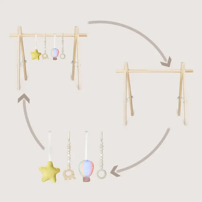 Arcada de activitati Montessori, Lionelo, Anis, Din lemn de pin, Jucarii plus, 4 jucarii suspendate, Stimuleaza simturile, Pliere rapida, 0+ luni, Multicolor BYNLO-ANIS