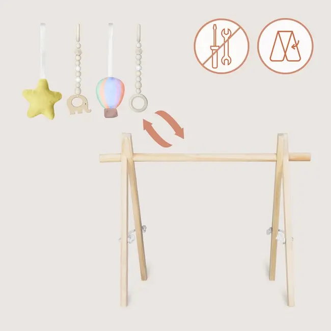 Arcada de activitati Montessori, Lionelo, Anis, Din lemn de pin, Jucarii plus, 4 jucarii suspendate, Stimuleaza simturile, Pliere rapida, 0+ luni, Multicolor BYNLO-ANIS