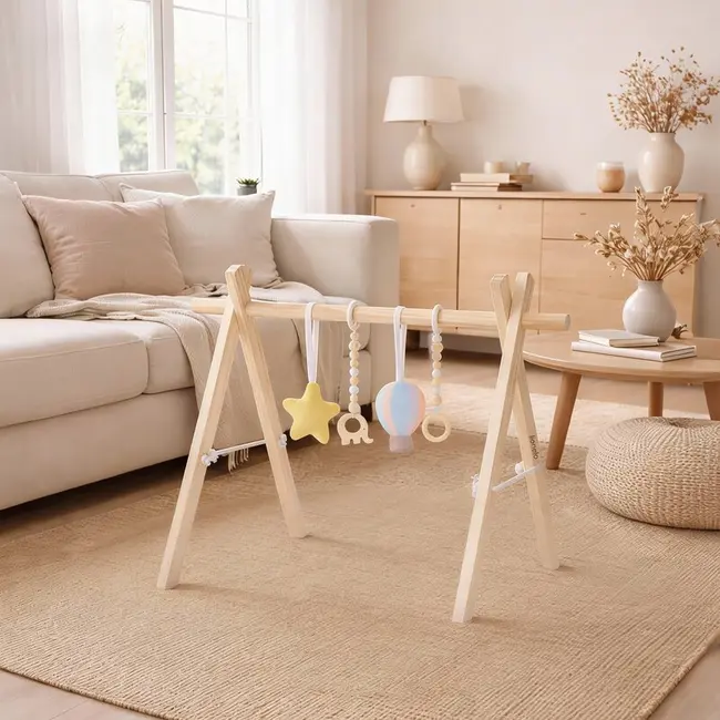 Arcada de activitati Montessori, Lionelo, Anis, Din lemn de pin, Jucarii plus, 4 jucarii suspendate, Stimuleaza simturile, Pliere rapida, 0+ luni, Multicolor BYNLO-ANIS