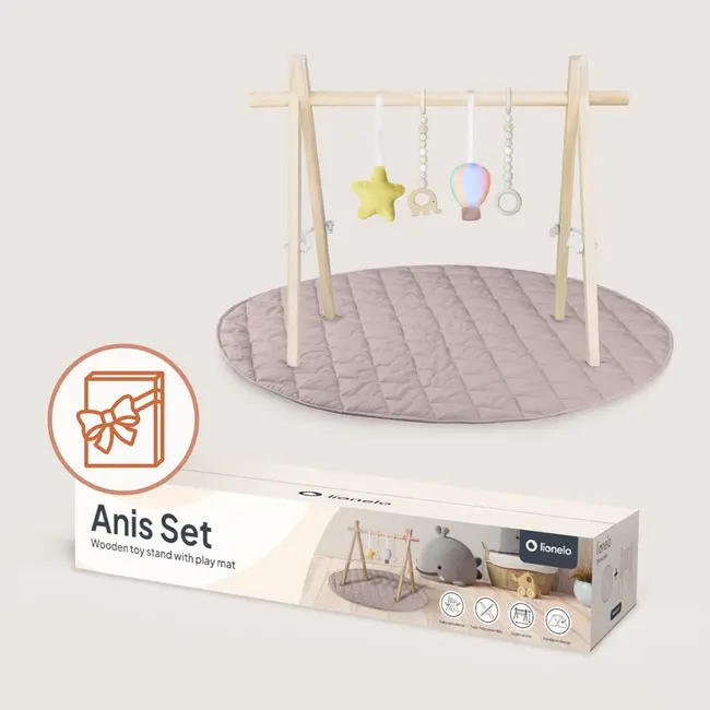 Centru de activitati, Lionelo, Anis Set, Cu arcada Montessori, Din lemn de pin, Jucarii plus, 4 jucarii suspendate, Stimuleaza simturile, Pliere rapida, Salteluta moale antiderapanta, 0+ luni, Multicolor BYNLO-ANIS_SET