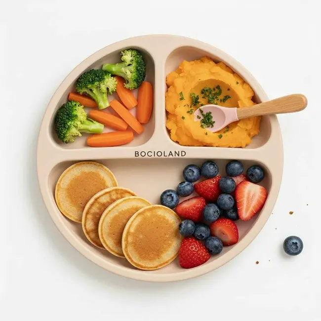 Farfurie compartimentata, Bocioland, Rotunda, Cu 3 compartimente, Fara BPA, 6-36 luni, Beige BYNBL588