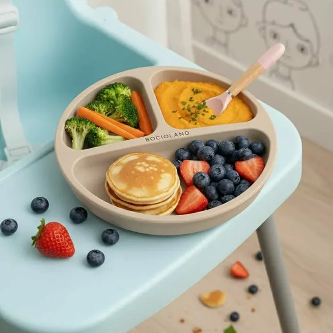 Farfurie compartimentata, Bocioland, Rotunda, Cu 3 compartimente, Fara BPA, 6-36 luni, Beige BYNBL588