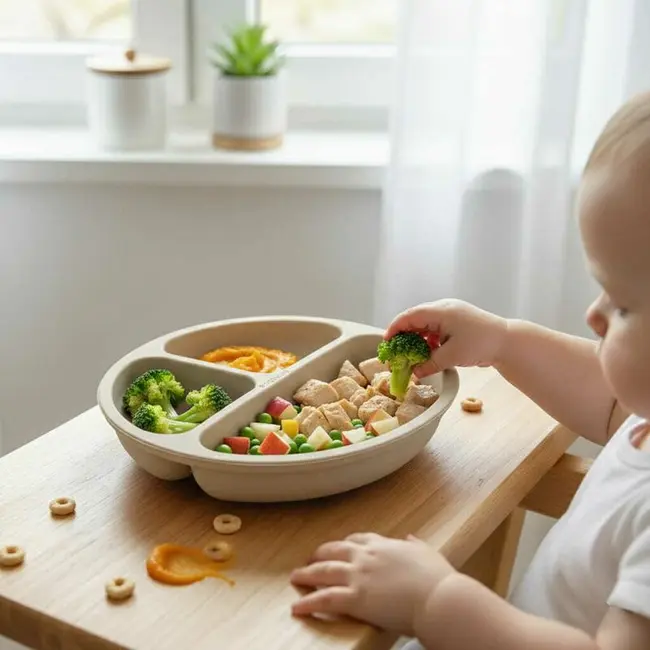 Farfurie compartimentata, Bocioland, Rotunda, Cu 3 compartimente, Fara BPA, 6-36 luni, Beige BYNBL588