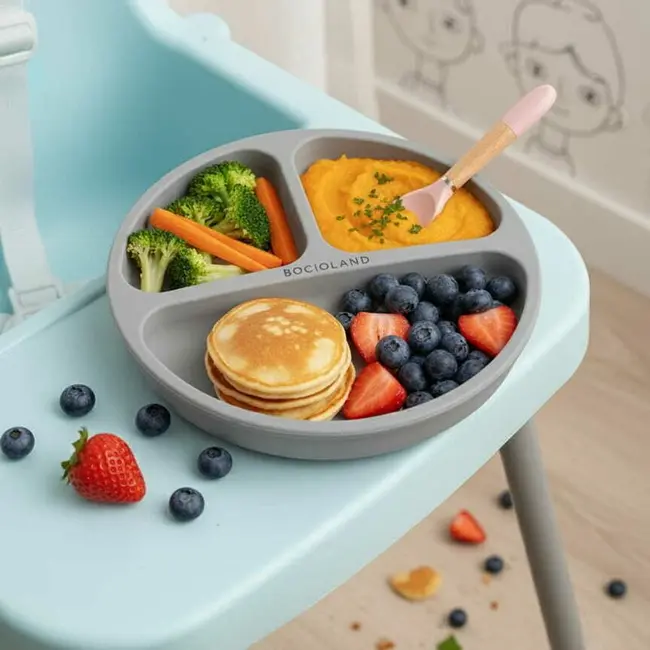 Farfurie compartimentata, Bocioland, Rotunda, Cu 3 compartimente, Fara BPA, 6-36 luni, Gray BYNBL589