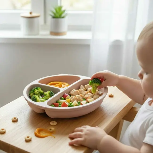 Farfurie compartimentata, Bocioland, Rotunda, Cu 3 compartimente, Fara BPA, 6-36 luni, Pink BYNBL587