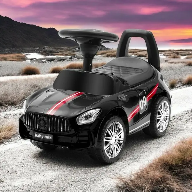 Masinuta de impins, Baby Mix, Racer, Pana la 25 kg, Cu volan, Cu sunete, Cu suport jucarii sub sezut si spatar confortabil, 12 luni+, Black BYN45832
