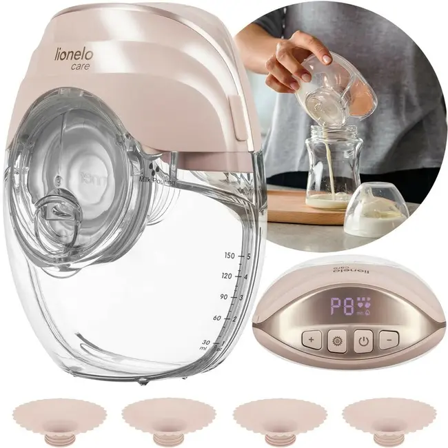 Pompa de san, Lionelo, Fidi Free Slim, Portabila, Cu accesorii, Hands-free, Trifazata, Panou control, Autonomie pana la 3 h, 9 functii de masaj, Silentioasa- 40 db, Capacitate 150 ml, Roz BYNLOC-FIDI_FREE_SLIM