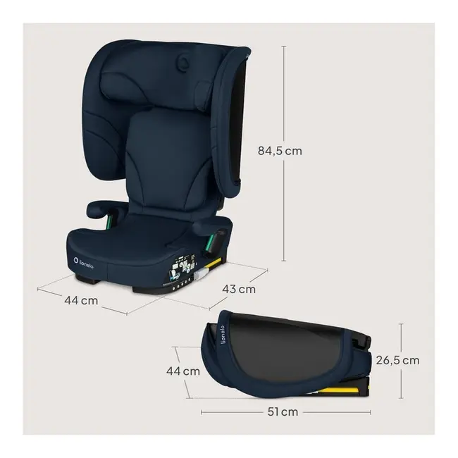 Scaun auto pliabil, Lionelo, Orin, i-Size, 100-150 cm, Tetiera reglabila in 14 pozitii, Spatar in 4 pozitii, Isofix+Top Tether, Sezut ergonomic, Husa transport, Suport sticla, Albastru BYNLO-ORIN_I-SIZE_BLUE_NAVY