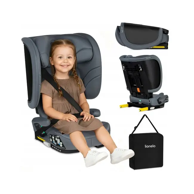 Scaun auto pliabil, Lionelo, Orin, i-Size, 100-150 cm, Tetiera reglabila in 14 pozitii, Spatar in 4 pozitii, Isofix+Top Tether, Sezut ergonomic, Husa transport, Suport sticla, Gri Grafit BYNLO-ORIN_I-SIZE_GREY_GRAPHITE