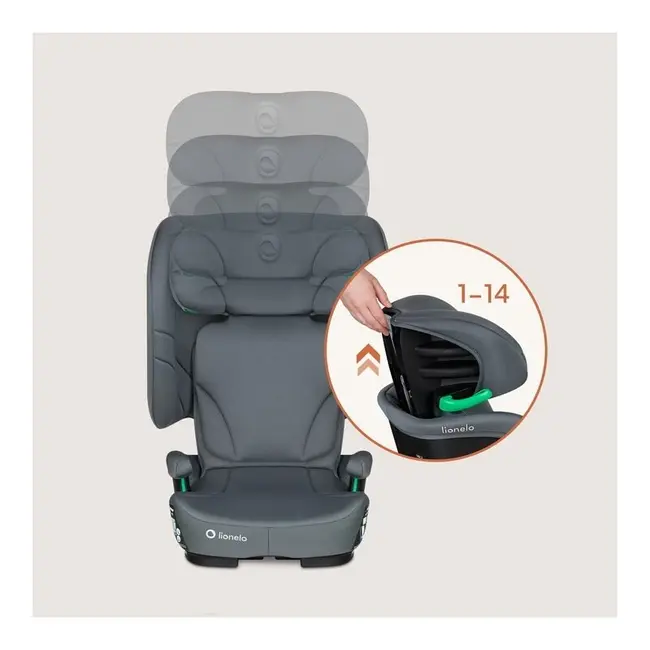 Scaun auto pliabil, Lionelo, Orin, i-Size, 100-150 cm, Tetiera reglabila in 14 pozitii, Spatar in 4 pozitii, Isofix+Top Tether, Sezut ergonomic, Husa transport, Suport sticla, Gri Grafit BYNLO-ORIN_I-SIZE_GREY_GRAPHITE