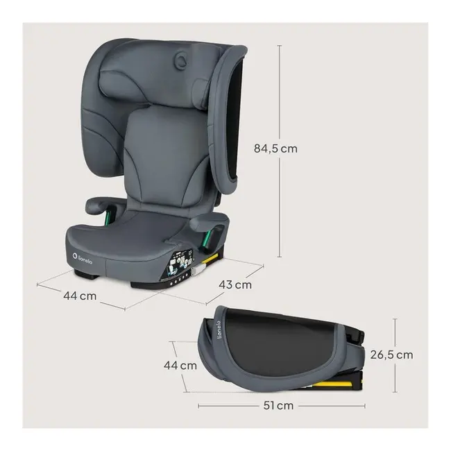 Scaun auto pliabil, Lionelo, Orin, i-Size, 100-150 cm, Tetiera reglabila in 14 pozitii, Spatar in 4 pozitii, Isofix+Top Tether, Sezut ergonomic, Husa transport, Suport sticla, Gri Grafit BYNLO-ORIN_I-SIZE_GREY_GRAPHITE