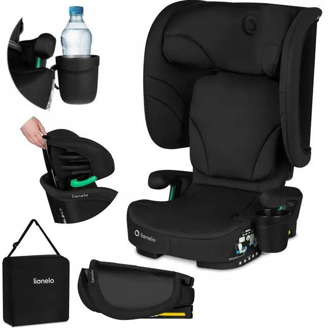 Scaun auto pliabil, Lionelo, Orin, i-Size, 100-150 cm, Tetiera reglabila in 14 pozitii, Spatar in 4 pozitii, Isofix+Top Tether, Sezut ergonomic, Husa transport, Suport sticla, Negru Carbon BYNLO-ORIN_I-SIZE_BLACK_CARBON