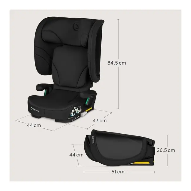 Scaun auto pliabil, Lionelo, Orin, i-Size, 100-150 cm, Tetiera reglabila in 14 pozitii, Spatar in 4 pozitii, Isofix+Top Tether, Sezut ergonomic, Husa transport, Suport sticla, Negru Carbon BYNLO-ORIN_I-SIZE_BLACK_CARBON