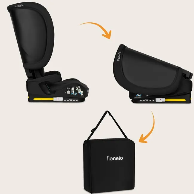 Scaun auto pliabil, Lionelo, Orin, i-Size, 100-150 cm, Tetiera reglabila in 14 pozitii, Spatar in 4 pozitii, Isofix+Top Tether, Sezut ergonomic, Husa transport, Suport sticla, Negru Carbon BYNLO-ORIN_I-SIZE_BLACK_CARBON